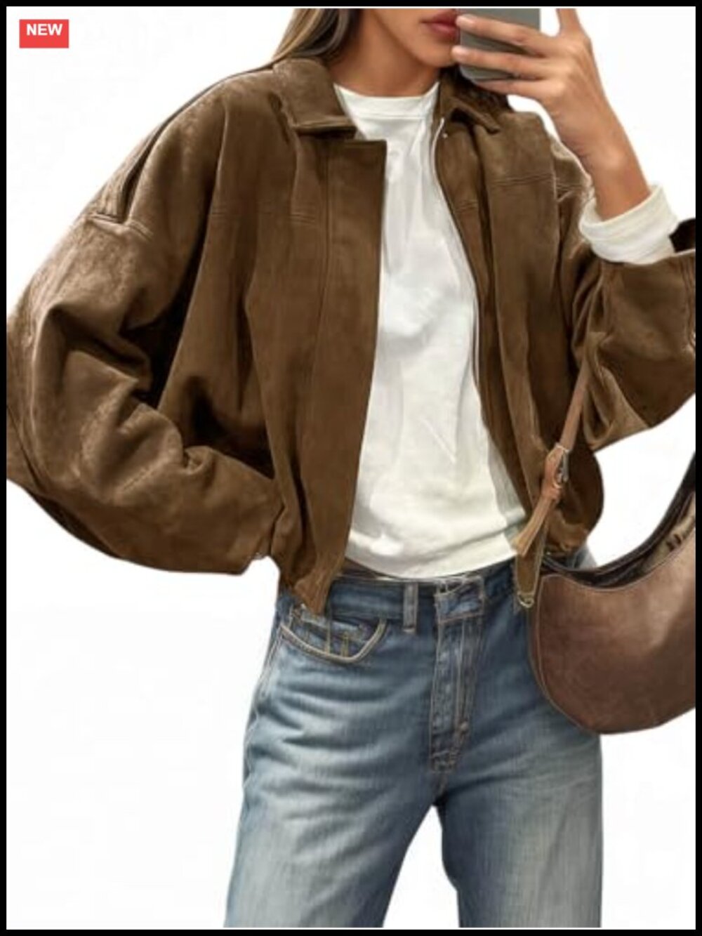 Faux Suede Oversized Cropped Bomber Jacket Zip Up Casual Coat